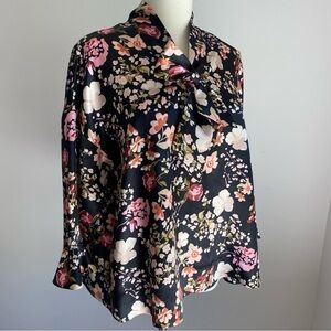 byTiMo Tie Neck Floral Print Satin Blouse Top Pussycat Bow Size M